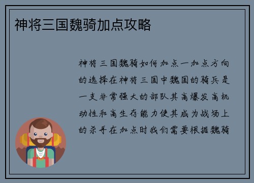 神将三国魏骑加点攻略
